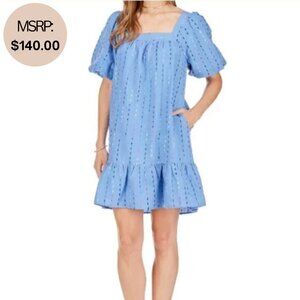 NWT Joy Joy Women's Blue Denim Square Neck Puff Sleeve Mini Dress - Size M